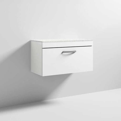 Nuie Athena 1-Drawer Wall Hung Vanity Unit in gloss white with sparkling white worktop and sleek handle, 800mm wide