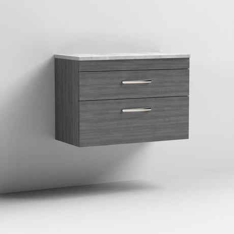 Nuie Athena 2-drawer wall hung vanity unit in brown grey Avola with integrated basin and modern minimalist design