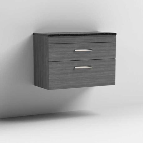 Nuie Athena 2-drawer wall hung vanity unit in brown grey avola with sparkling black worktop, modern bathroom storage cabinet.