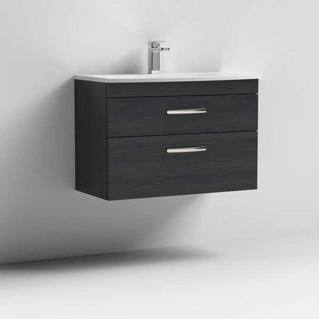 Nuie Athena 2-drawer wall hung vanity unit in Hacienda Black with polymarble basin and soft-close drawers