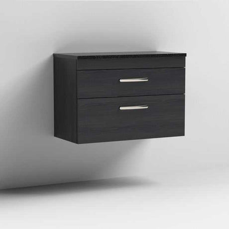 Nuie Athena 2-drawer wall hung bathroom vanity unit in hacienda black with sparkling black worktop, 800mm wide