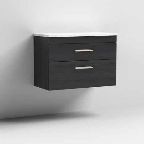 Nuie Athena 2-drawer wall hung vanity unit in hacienda black with sparkling white worktop, modern bathroom storage unit