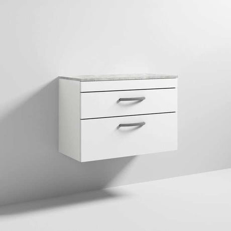 Nuie Athena 2-drawer wall hung vanity unit with grey worktop and gloss white finish, 800mm wide