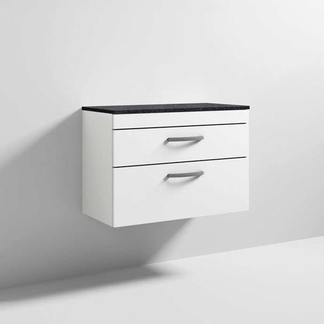 Nuie Athena 2-drawer wall hung vanity unit with sparkling black worktop and gloss white finish