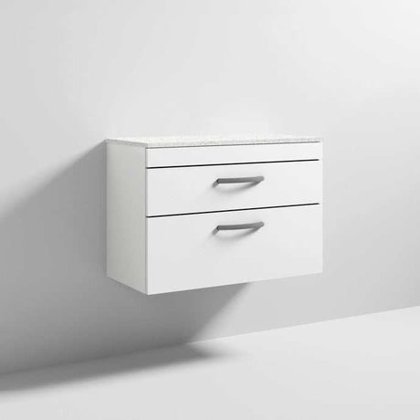 Nuie Athena 2-drawer wall hung vanity unit in gloss white with sparkling white worktop, modern and space-saving bathroom storage