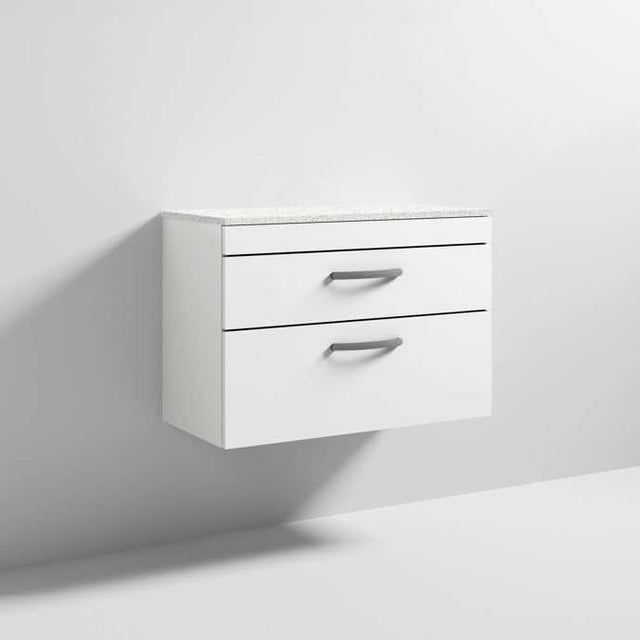 Nuie Athena 2-drawer wall hung vanity unit in gloss white with sparkling white worktop, modern and space-saving bathroom storage