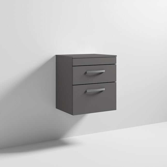 Nuie 2-Drawer Athena Wall Hung Vanity Unit and Worktop 500mm Wide Gloss Grey - ATH074W