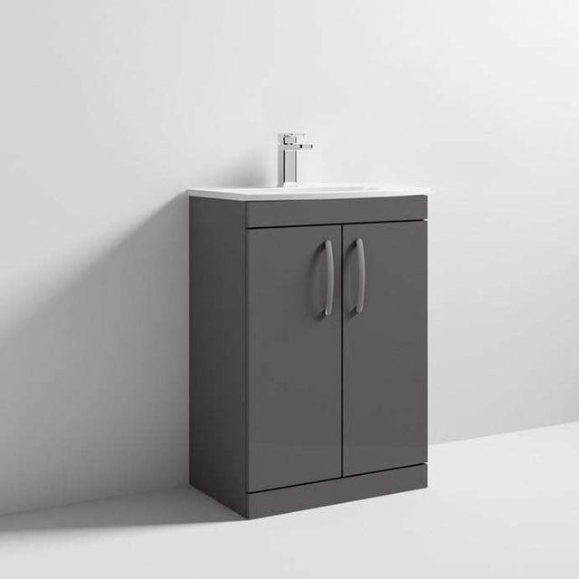 Nuie Athena 2-door floor standing vanity unit in gloss grey with Basin-4 and polished chrome handles, 600mm wide bathroom storage cabinet