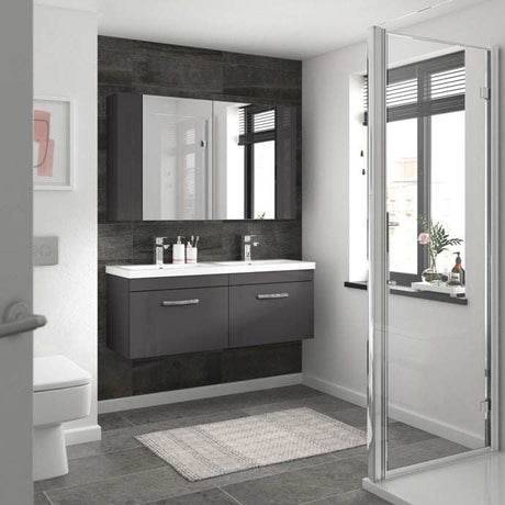 Nuie Athena 2-Drawer Wall Hung Vanity Unit with Double Ceramic Basin 1200mm Wide - Gloss Grey - ATH077F