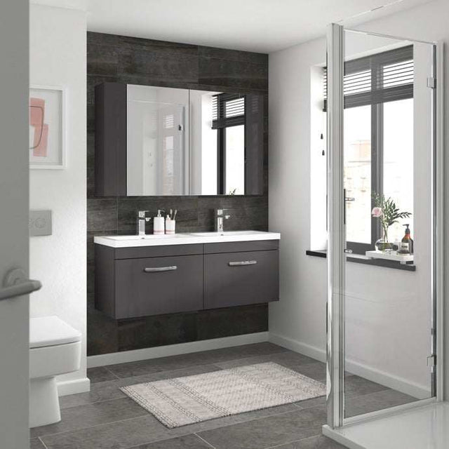 Nuie Athena 2-Drawer Wall Hung Vanity Unit with Double Ceramic Basin 1200mm Wide - Gloss Grey - ATH077F