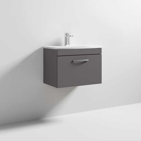 Nuie Athena 1-Drawer Wall Hung Vanity Unit in gloss grey with ceramic basin and single drawer storage