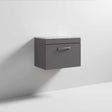 Nuie Athena 1-Drawer Wall Hung Vanity Unit in gloss grey with grey worktop, modern compact bathroom storage.