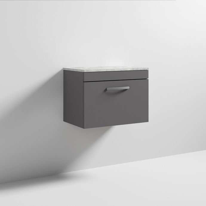 Nuie Athena 1-Drawer Wall Hung Vanity Unit in gloss grey with grey worktop, modern compact bathroom storage.