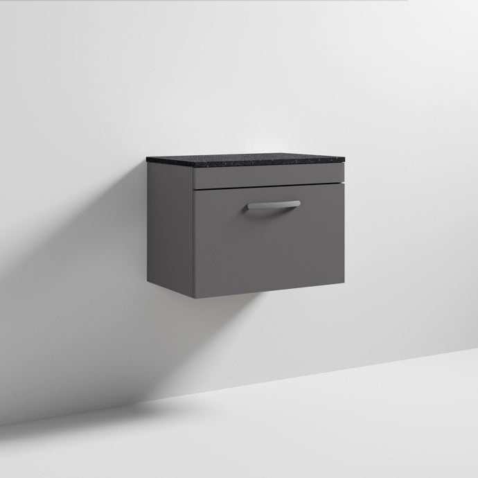 Nuie Athena 1-Drawer wall hung vanity unit in gloss grey with sparkling black worktop, 600mm wide bathroom storage cabinet.