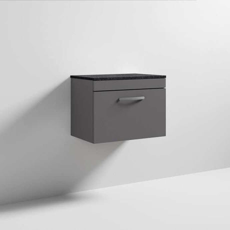 Nuie Athena 1-Drawer wall hung vanity unit in gloss grey with sparkling black worktop, 600mm wide bathroom storage cabinet.