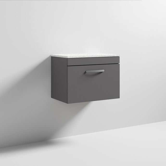 Nuie Athena 1-Drawer Wall Hung Vanity Unit in gloss grey with sparkling white worktop, 600mm wide, modern bathroom storage unit