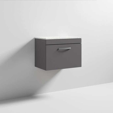 Nuie Athena 1-Drawer Wall Hung Vanity Unit in gloss grey with sparkling white worktop, 600mm wide, modern bathroom storage unit
