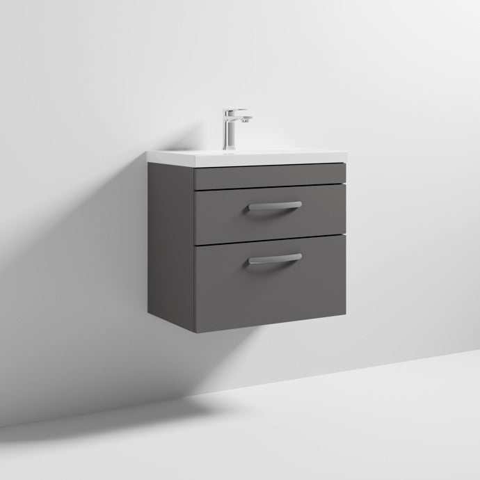 Nuie 2-Drawer Athena Wall Hung Vanity Unit with Basin-1 600mm Wide - Gloss Grey - ATH078A