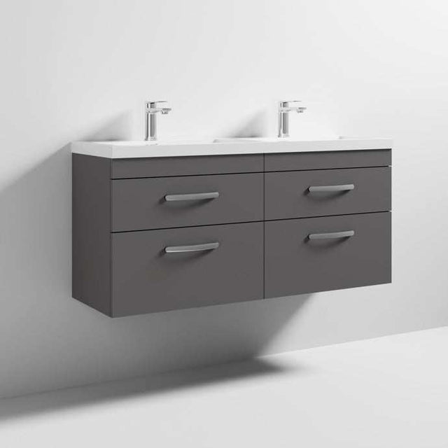 Nuie 4-Drawer Athena Wall Hung Vanity Unit with Double Basin 1200mm Wide - Gloss Grey - ATH078C