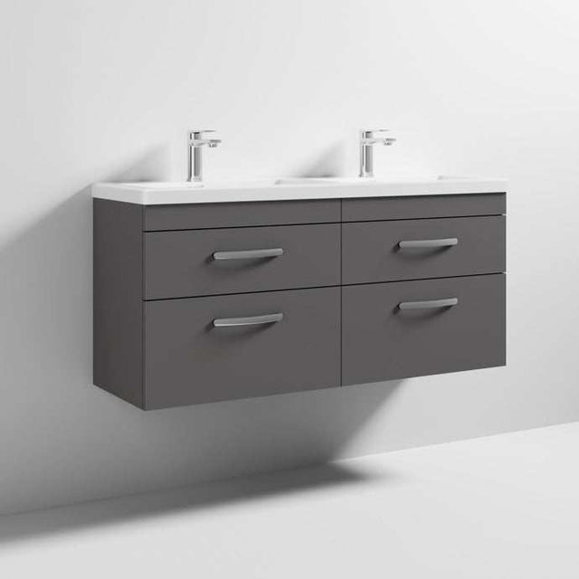 Nuie Athena 4-Drawer Wall Hung Vanity Unit with Double Ceramic Basin 1200mm Wide - Gloss Grey - ATH078F