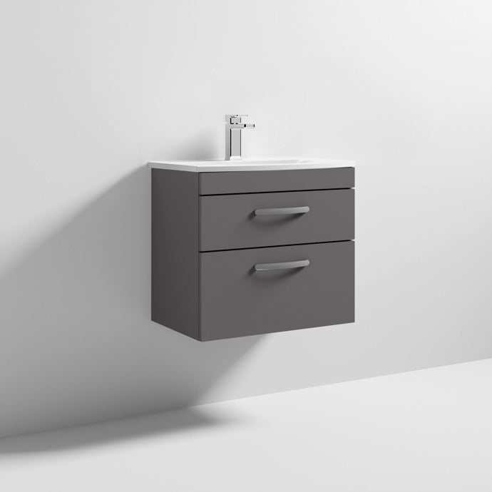 Nuie Athena 2-Drawer wall hung vanity unit in gloss grey with basin and soft-close drawers