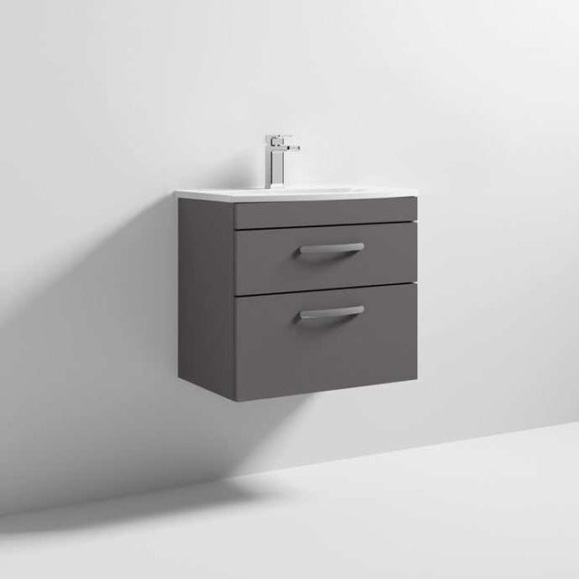 Nuie Athena 2-Drawer wall hung vanity unit in gloss grey with basin and soft-close drawers
