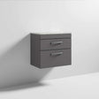 Nuie Athena 2-drawer wall hung vanity unit with grey gloss finish and grey worktop, 600mm wide