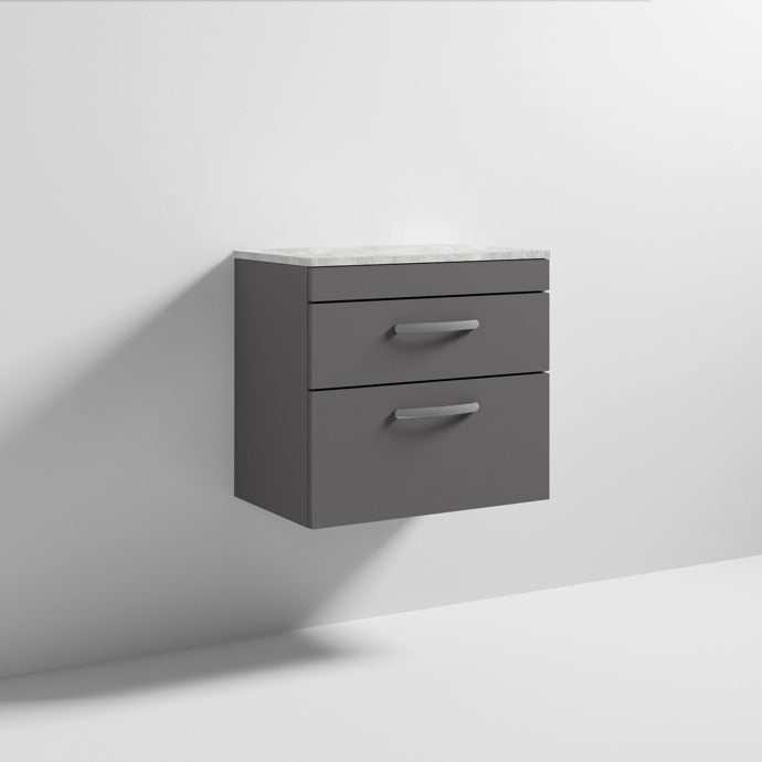 Nuie Athena 2-drawer wall hung vanity unit with grey gloss finish and grey worktop, 600mm wide