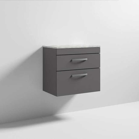Nuie Athena 2-drawer wall hung vanity unit with grey gloss finish and grey worktop, 600mm wide