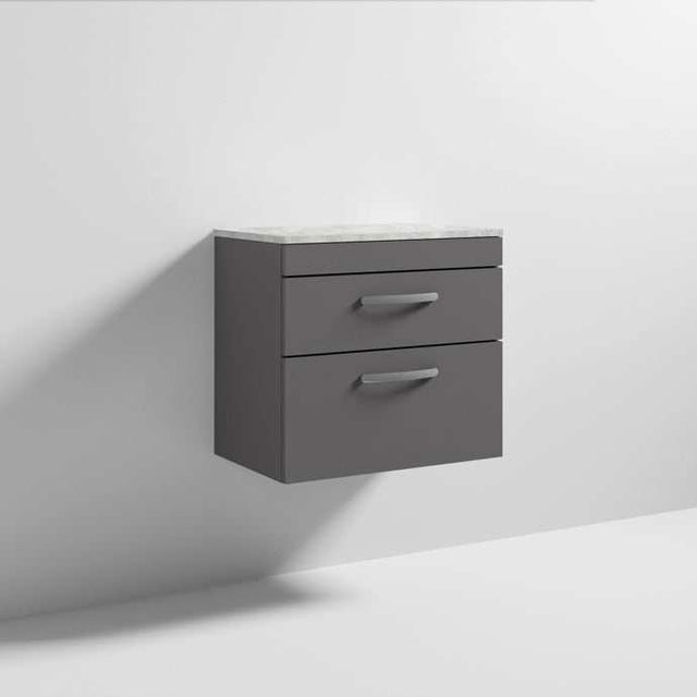 Nuie Athena 2-drawer wall hung vanity unit with grey gloss finish and grey worktop, 600mm wide