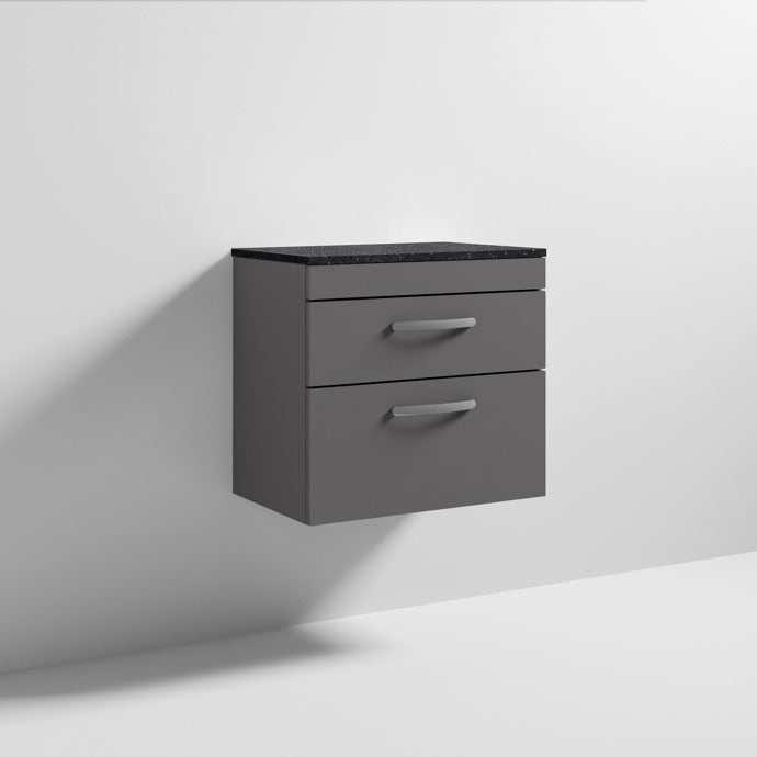 Nuie Athena 2-drawer wall hung vanity unit with sparkling black worktop in gloss grey finish, 600mm wide, modern bathroom storage.