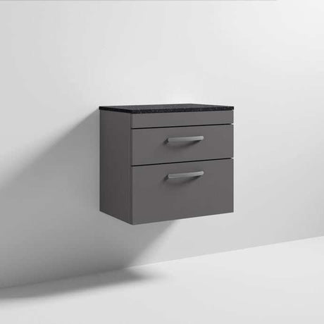 Nuie Athena 2-drawer wall hung vanity unit with sparkling black worktop in gloss grey finish, 600mm wide, modern bathroom storage.