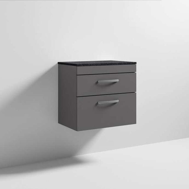 Nuie Athena 2-drawer wall hung vanity unit with sparkling black worktop in gloss grey finish, 600mm wide, modern bathroom storage.