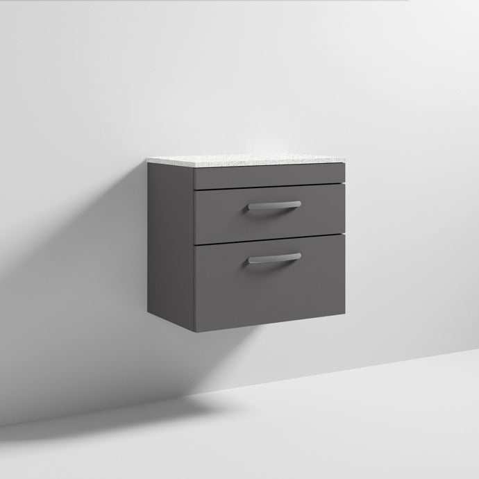 Nuie Athena 2-drawer wall hung vanity unit in gloss grey with sparkling white worktop, 600mm wide.