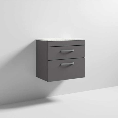 Nuie Athena 2-drawer wall hung vanity unit in gloss grey with sparkling white worktop, 600mm wide.