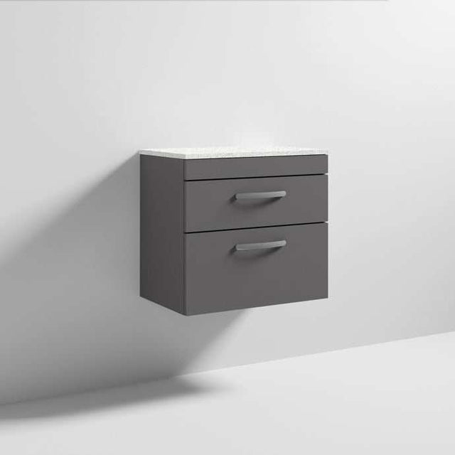 Nuie Athena 2-drawer wall hung vanity unit in gloss grey with sparkling white worktop, 600mm wide.