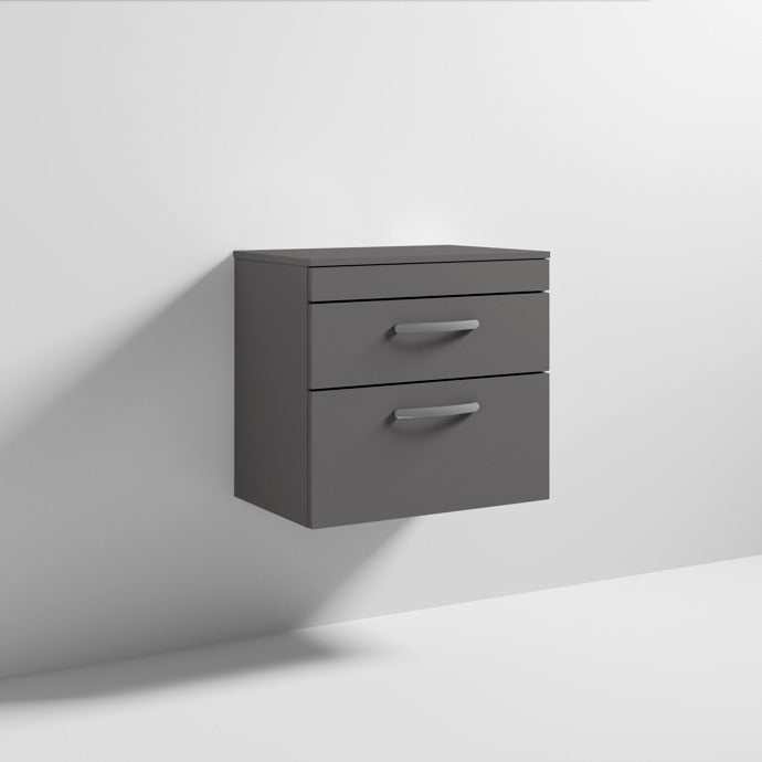Nuie 2-Drawer Athena Wall Hung Vanity Unit and Worktop 600mm Wide Gloss Grey - ATH078W