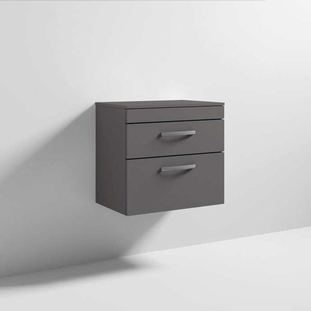 Nuie 2-Drawer Athena Wall Hung Vanity Unit and Worktop 600mm Wide Gloss Grey - ATH078W