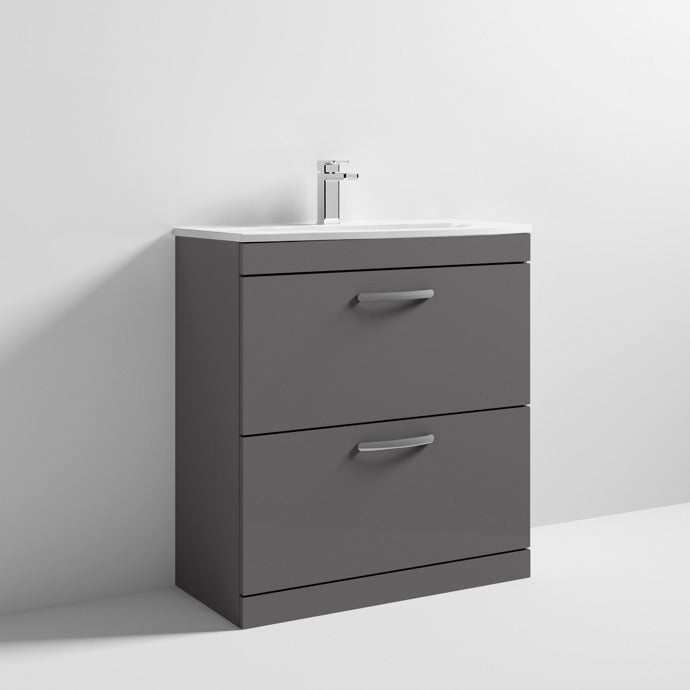 Nuie Athena 2-drawer floor standing vanity unit with gloss grey finish and built-in white basin