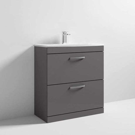 Nuie Athena 2-drawer floor standing vanity unit with gloss grey finish and built-in white basin