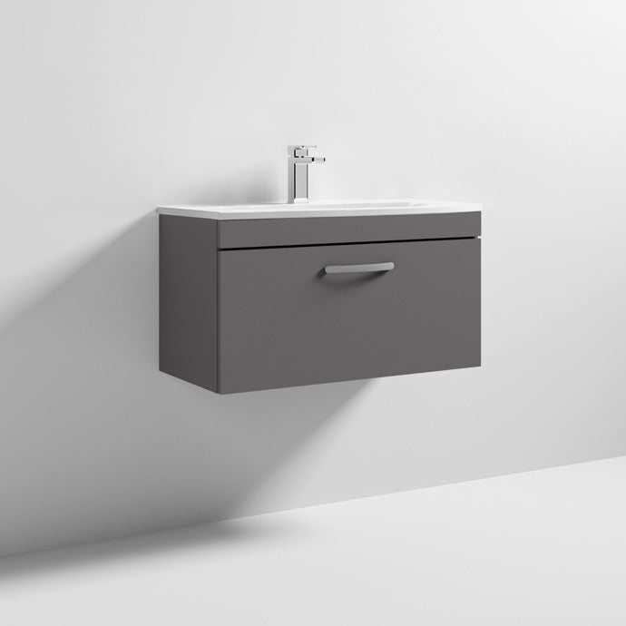 Nuie Athena 1-drawer wall hung vanity unit in gloss grey with integrated basin and sleek modern design
