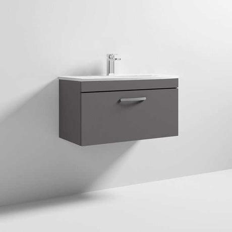 Nuie Athena 1-drawer wall hung vanity unit in gloss grey with integrated basin and sleek modern design