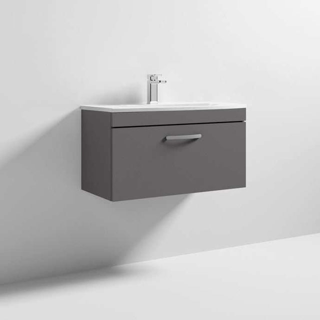 Nuie Athena 1-drawer wall hung vanity unit in gloss grey with integrated basin and sleek modern design