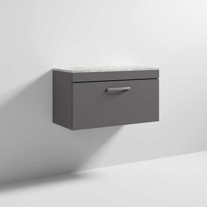 Nuie Athena 1-Drawer Wall Hung Vanity Unit in gloss grey with grey worktop, 800mm wide modern bathroom storage unit