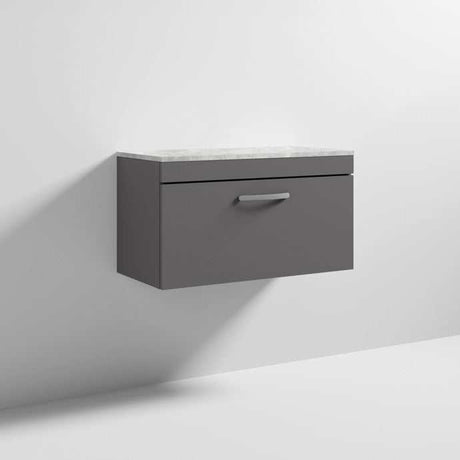 Nuie Athena 1-Drawer Wall Hung Vanity Unit in gloss grey with grey worktop, 800mm wide modern bathroom storage unit