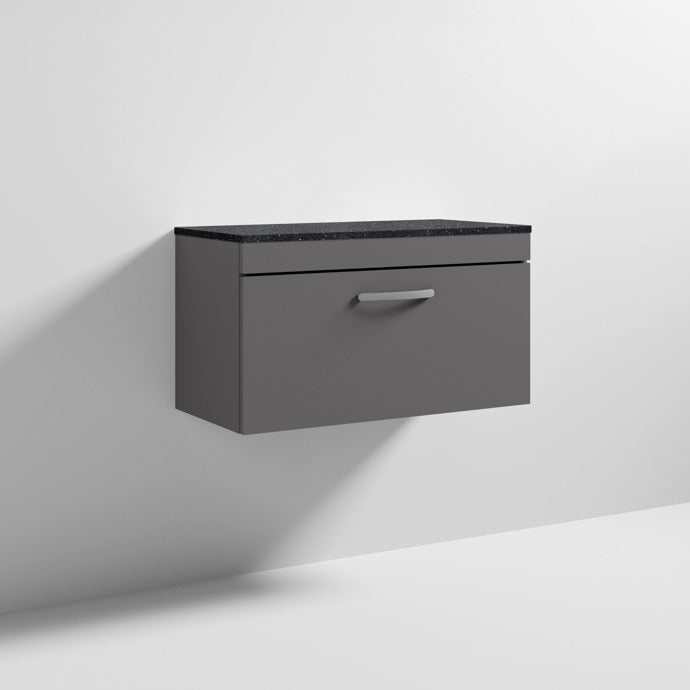 Nuie Athena 1-drawer wall hung vanity unit in gloss grey with sparkling black worktop, 800mm wide bathroom storage unit
