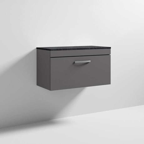 Nuie Athena 1-drawer wall hung vanity unit in gloss grey with sparkling black worktop, 800mm wide bathroom storage unit