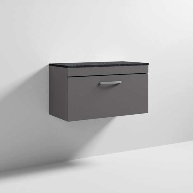 Nuie Athena 1-drawer wall hung vanity unit in gloss grey with sparkling black worktop, 800mm wide bathroom storage unit