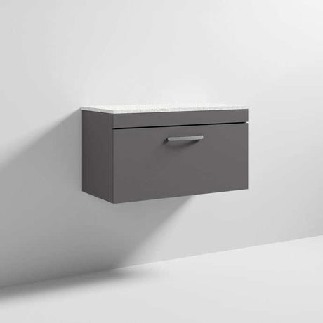 Nuie Athena 1-Drawer Wall Hung Vanity Unit in gloss grey with sparkling white worktop, 800mm wide bathroom storage unit