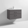 Nuie Athena 2-drawer wall hung vanity unit in gloss grey with white basin, modern minimalist bathroom storage.